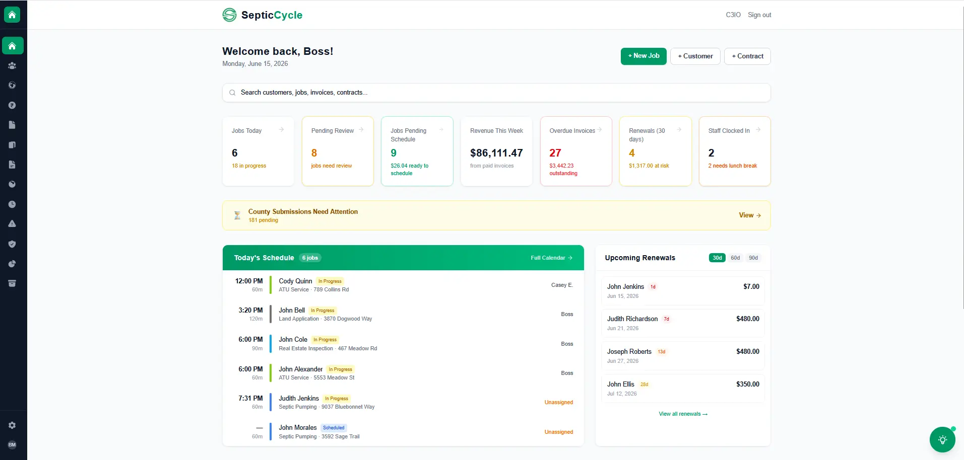 SepticCycle dashboard showing jobs, revenue, renewals, and today's schedule